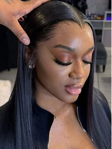 Eulisi Tóc giả thẳng, không cần keo, đã tỉa sẵn, cắt sẵn, ren trong suốt 5x5, các nút thắt đã được tẩy trắng, tóc thật, kiểu dáng dễ đội, có ren phía trước với đường chân tóc tự nhiên và tóc con, dành cho nữ, mật độ 150%. - Tự nhiên & Đen - Xem 14