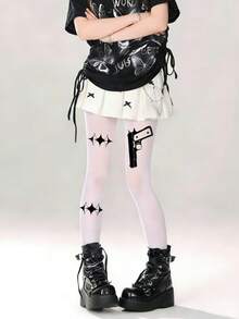 1双Y2K暗黑美学尼龙连裤袜 - 亚文化风格必备小众图案紧身裤 - 彩色 - 查看 11