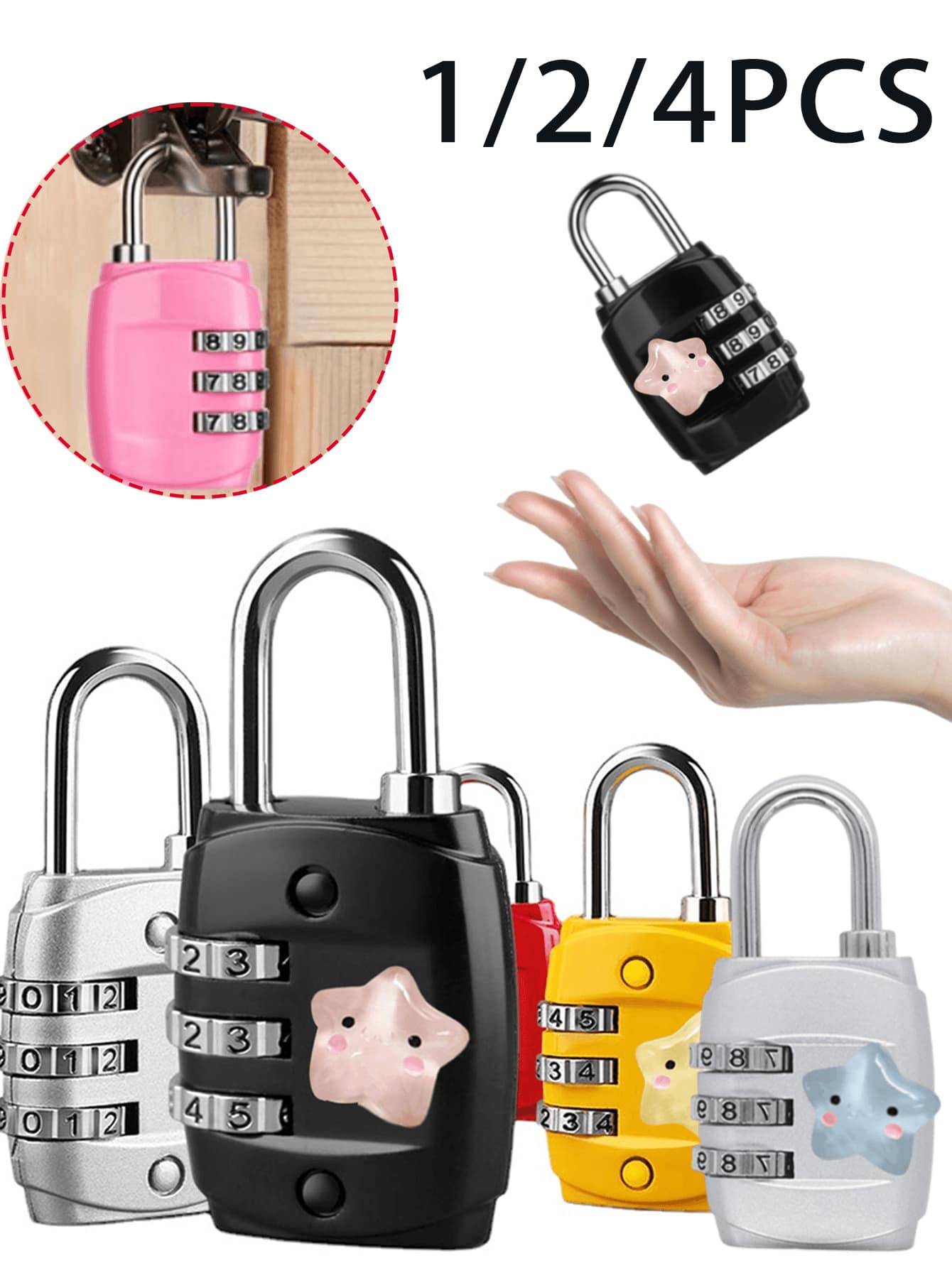 Cute Star Decorated Combination Lock - Three-Digit Security Metal Travel Lock, Gym Locker Combination Padlock, Luggage/Backpack Zipper Anti-Theft Combination Lock, Sturdy Metal Construction, Easy Setting, Multiple Colors Available, Suitable For Suitcases, Backpacks, And Lockers - Multicolor - View 1
