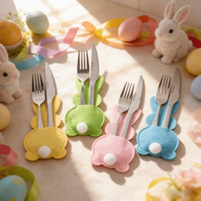 8pcs Easter Bunny Felt Cutlery Holders CuteRabbit Design For Knife & Fork Storage, Perfect For Party Table Decor Easter Decorations.