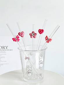 Pink Butterfly, Flower, Heart Shaped Glass Straws, Reusable Transparent Straws For Smoothie, Milk Tea, Juice, Cocktail, Cold Drinks, Party - Pink Bow Straw - View 1