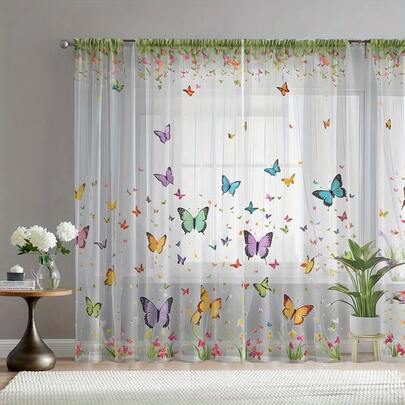2pcs Colorful Butterfly And Floral Sheer Curtains, Rustic Style, Printed Home Decoration Sheer Curtains, Elegant Window Sheer Curtains, Suitable For Kitchens, Cafes, Restaurants, Balconies, Gardens, Bedrooms