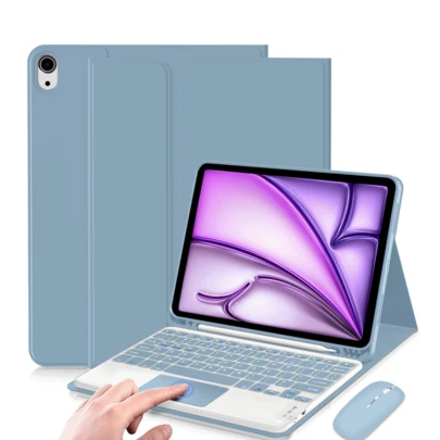 键盘保护套，带可拆卸可充电蓝牙键盘（280mAh）和触控板，兼容三星 Galaxy Tab / / SE，含笔槽（雾蓝色）