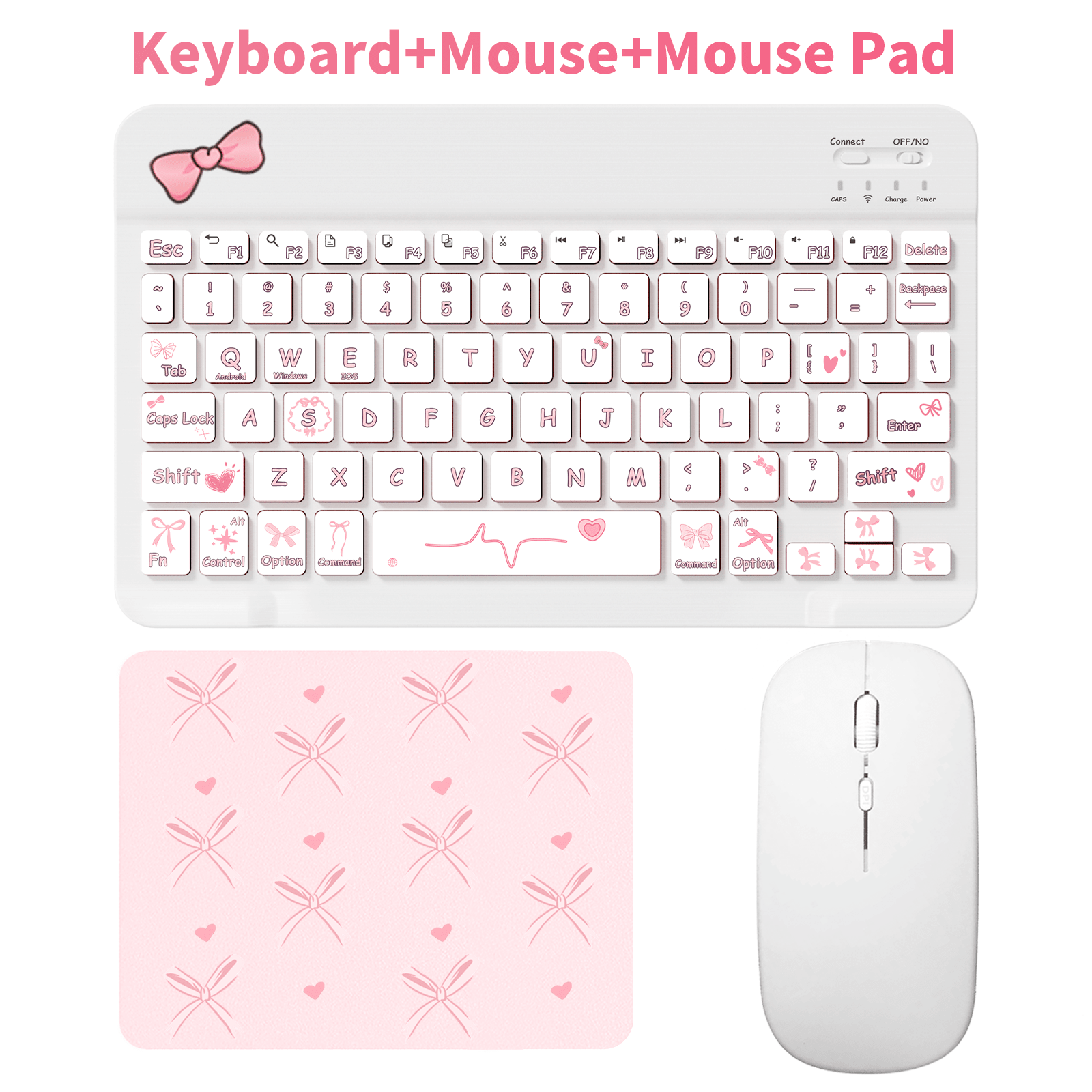 Cute Bow Bluetooth Keyboard Mouse Set, Portable Wireless Keyboard (150mAh) Mouse Set, Compatible With Samsung Tablets, Apple IPad, IOS 13 And Above Smartphones, Android Smartphones And Windows System (Bow)