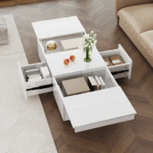 Coffee Table, High-Gloss Living Room Table With Push-Pull Storage Structure, Double-Sided Drawers - White + Particle Board - View 2