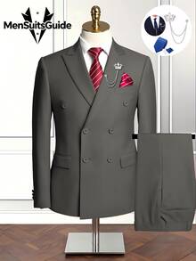 Men's Formal Suits 6 Pieces Tuxedos Set, Men's One Button Jacket Slanted Lapel Vest Pants Suit Set With Tie Brooch Pocket Square For Business Dinner Wedding Party, Suitable For Formal Occasions, Perfect Gift For Business Professionals Spring/Summer/Fall, Formal Attire|Sleek Formal Attire|Nonstretch Fabric - 灰色 - 查看 1