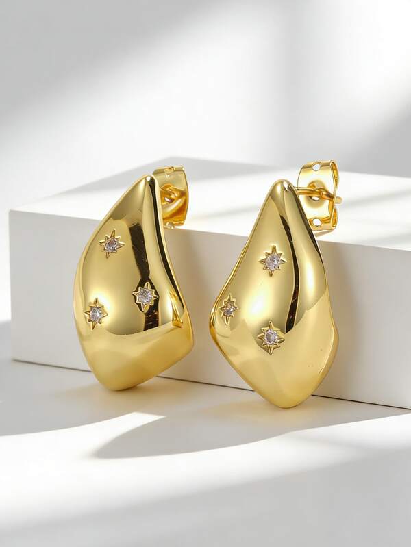 Women's Gold-Plated Asymmetric Teardrop Earrings, Embellished With Starry Zirconia Stones, Minimalist Elegant Style, Suitable For Daily Commute And Workwear, An Ideal Gift For Fashion Enthusiasts