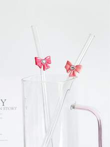 Pink Butterfly, Flower, Heart Shaped Glass Straws, Reusable Transparent Straws For Smoothie, Milk Tea, Juice, Cocktail, Cold Drinks, Party - Pink Bow Straw - View 2