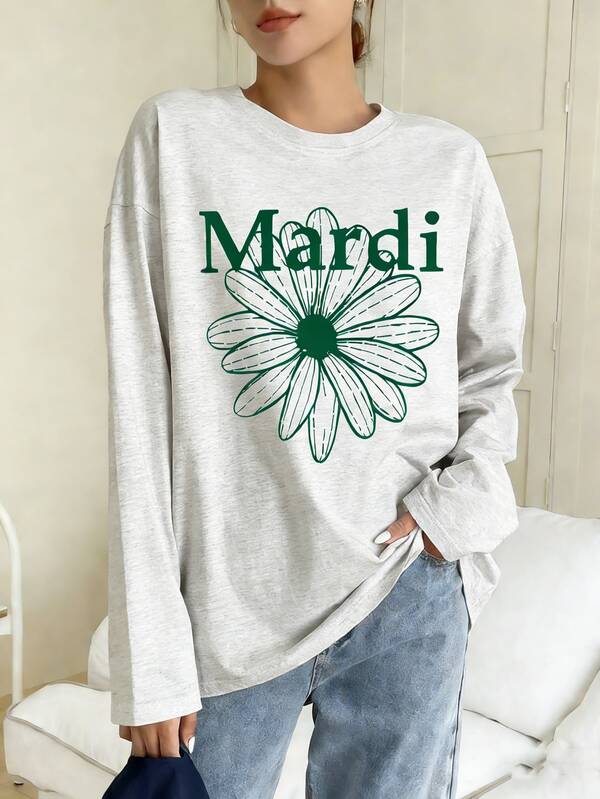 綿220gの長袖Tシャツです，g丸襟カジュアルな長袖の長袖のカジュアルな休日の花柄のTシャツ丸襟のカップルは着ますY2Kファッションプリント