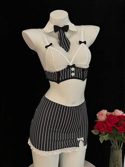 Top 1+ Rock 1+ Fliege 1, Sexy Unterwäsche Bikini Drei-Punkt-Set Sekretärin Uniform Sexy Nicht-Ausziehen Hüftrock Enthaltsamkeit Kostüm Damen Uniform Anzug Sexy Dessous Set