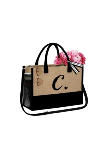 Women's Beach Tote Bag With Shoulder Strap, Beach Hat And Cosmetic Bag, Black Heart Letter A-Z Beach Accessory Set, Personalized Gift Bag, With Side Pocket, Large Capacity, Convenient Cosmetic Pouch, Beach Bag With Scarf , Valentines Gifts - Khaki - View 68