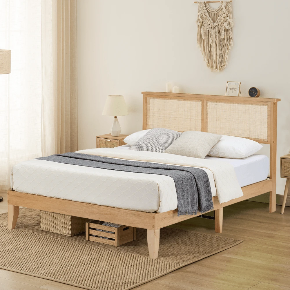 Cama Bohemia de Ratán Natural | Estructura Sólida Tamaño Completo con Lamas Silenciosas | Sin Necesidad de Somier - lecho de enredaderas de hierba LLENO - Ver 1