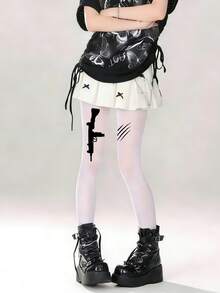 1双Y2K暗黑美学尼龙连裤袜 - 亚文化风格必备小众图案紧身裤 - 彩色 - 查看 8
