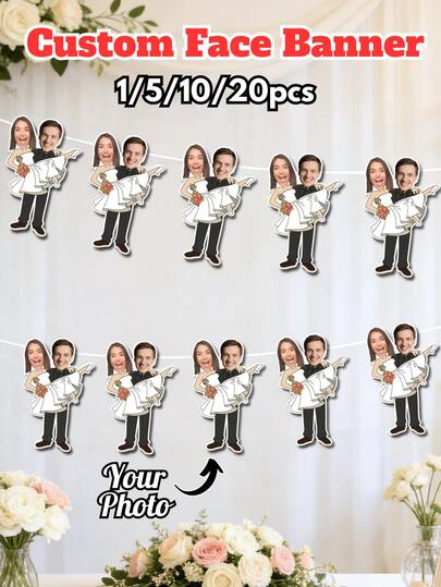 Custom Groom And Bride Head Wedding Banner Ornament, Personalized Newlywed Portrait Hanging Decoration, 1/5/10/20pcs Multiple Sizes Available, Suitable For Groom And Bride Wedding Venue Decoration, Romantic Wedding Reception Background Hanging, Engagement Ceremony Decoration, Wedding Sign-In Area Ornament