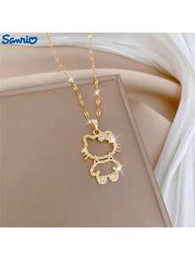 SANRIO 1件优雅迷人的Hello Kitty金色蝴蝶吊坠项链，精致的颈链，甜美浪漫的珠宝配饰，三丽鸥派对装饰 - 彩色 - 查看 3