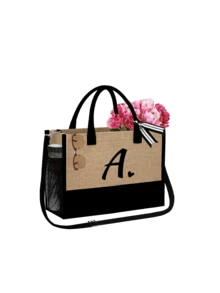 Women's Beach Tote Bag With Shoulder Strap, Beach Hat And Cosmetic Bag, Black Heart Letter A-Z Beach Accessory Set, Personalized Gift Bag, With Side Pocket, Large Capacity, Convenient Cosmetic Pouch, Beach Bag With Scarf , Valentines Gifts - Khaki - View 66