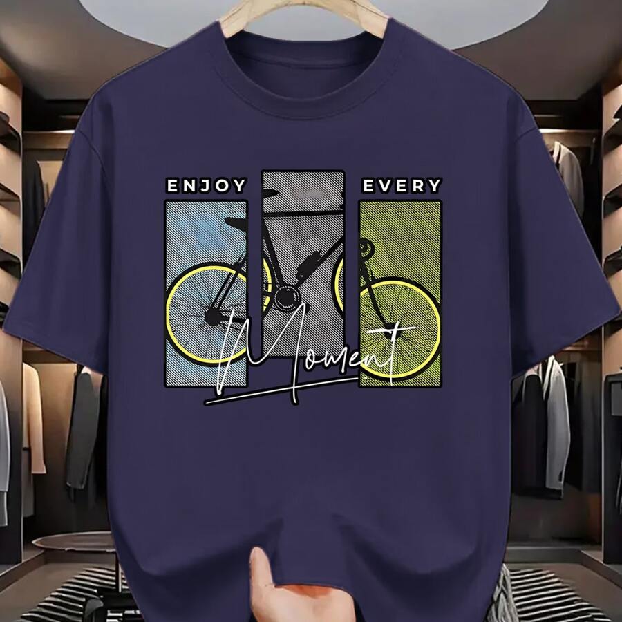 Men's Cotton T-Shirt With Printed Phrase "Enjoy Every Moment" Bicycle Hobbies Cycling Sport Frames Shirt Casual Basic Daily Streetwear Exclusive Premium Soft Comfortable - 藏蓝色 - 查看 1