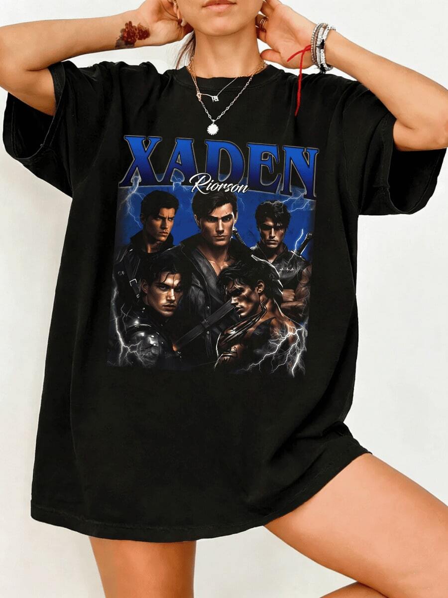 Retro Xaden Riorson T-Shirt, Oversized 100% Cotton Fourth Wing Fantasy Book Character Fan Merch T-Shirt - Black - View 1