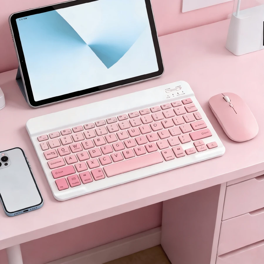 Teclado Inalámbrico Bluetooth Ultra Delgado 10'' - Silencioso, Portátil, Teclas Cuadradas | Compatible con 3 SO, Smartphone, Tablet y Portátil | Ideal para Mujeres - Rosa - Ver 1