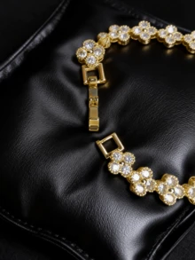 Brazalete de tenis con diseño floral brillante para hombres - Joyería de estilo hip hop para uso diario y fiestas - Dorado - Ver 3