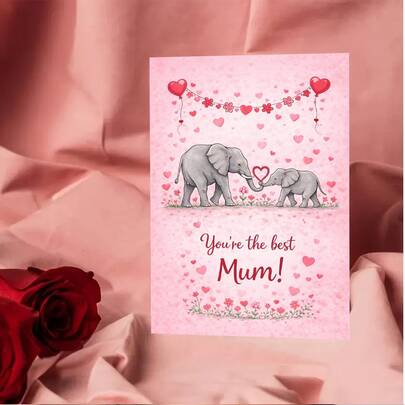 1pc Heartwarming And Adorable Mother's Day Greeting Card, "You're The Best Mum!", Featuring A Mother Elephant And Her Baby Forming A Heart With Their Trunks, Surrounded By Hearts And Floral Decorations. Suitable As A Gift For Mothers, Mother's