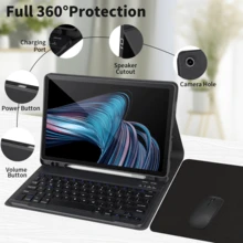四合一键盘保护套，兼容三星 Galaxy Tab 和 iPad、Redm iPad SE，包含可拆卸无线蓝牙键盘（150mAh）和鼠标，平板电脑保护套带笔槽（黑色） - 黑色 - 查看 2
