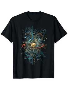 Men's Science-Themed Atomic Model T-Shirt With Golden Atom Core & Color-Coded Subatomic Particles (Blue/Red/Yellow/Green) - Loose Fit Casual Short Sleeve Shirt For Chemistry Enthusiasts & Physics Gifts - 黑色 - 查看 1