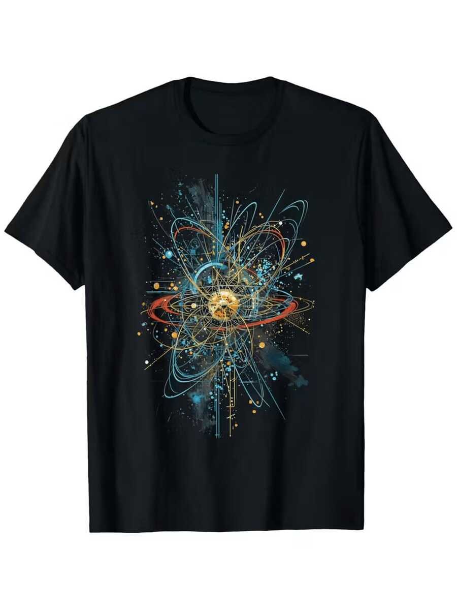 Men's Science-Themed Atomic Model T-Shirt With Golden Atom Core & Color-Coded Subatomic Particles (Blue/Red/Yellow/Green) - Loose Fit Casual Short Sleeve Shirt For Chemistry Enthusiasts & Physics Gifts - 黑色 - 查看 1