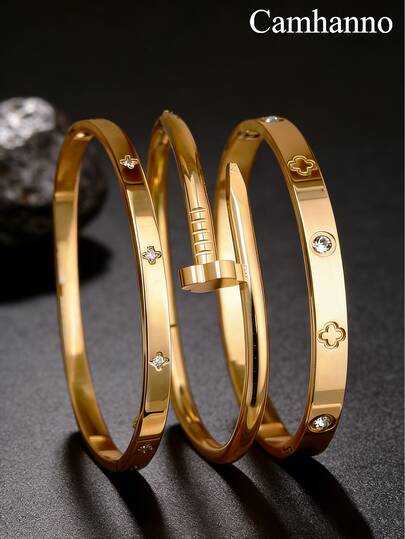 3pcs - Birthday Surprise Stainless Steel Bracelet Set, Clover-Embedded Zirconia + Exquisite Design, Perfect For Besties And Girlfriends, Illuminating Your Exclusive Highlight Moment