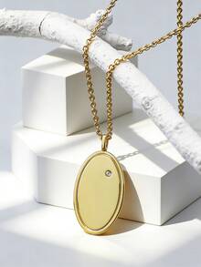 Charm-In Dây chuyền mặt hình oval mạ vàng dành cho nữ, thiết kế trơn bóng điểm xuyết đá Zirconia, chiều dài dây có thể điều chỉnh từ 50-55cm, phong cách tối giản thanh lịch, phù hợp để đeo hàng ngày và phối lớp, món quà lý tưởng cho bạn gái hoặc bạn thân. - Vàng - Xem 3