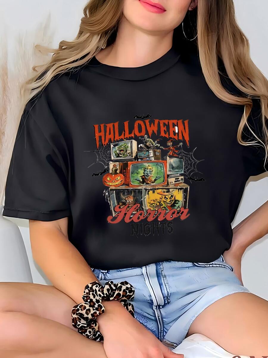 Womens ® Halloween Horror Nights Shirt, Vintage Scary Movie Tee, 90s Retro Halloween Shirt, Spooky Horror Tv Halloween Party Hoodie T-Shirt - 黑色 - 查看 1