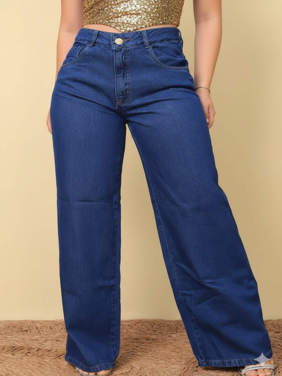 Women's Wide Leg Jeans In Lycra, Elegant, Sensual, Casual, Plus Size, 100% Cotton - 深色水洗藍 - 查看 1