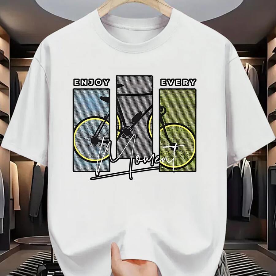 Men's Cotton T-Shirt With Printed Phrase "Enjoy Every Moment" Bicycle Hobbies Cycling Sport Frames Shirt Casual Basic Daily Streetwear Exclusive Premium Soft Comfortable - 白色 - 查看 1
