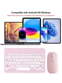 可爱蓝牙键盘+蝴蝶结平板电脑保护套+鼠标+鼠标垫，便携式无线键盘（150mAh）鼠标套装，兼容三星平板电脑、苹果iPad、安卓13+智能手机、智能手机、Windows系统（粉色） - 粉色 - 查看 4