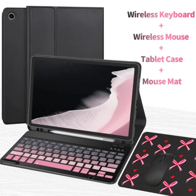 四合一键盘保护套，兼容三星 Galaxy Tab 和 iPad、Redm iPad SE，包含可拆卸无线蓝牙键盘（150mAh）和鼠标，平板电脑保护套带笔槽（黑色和粉色渐变）