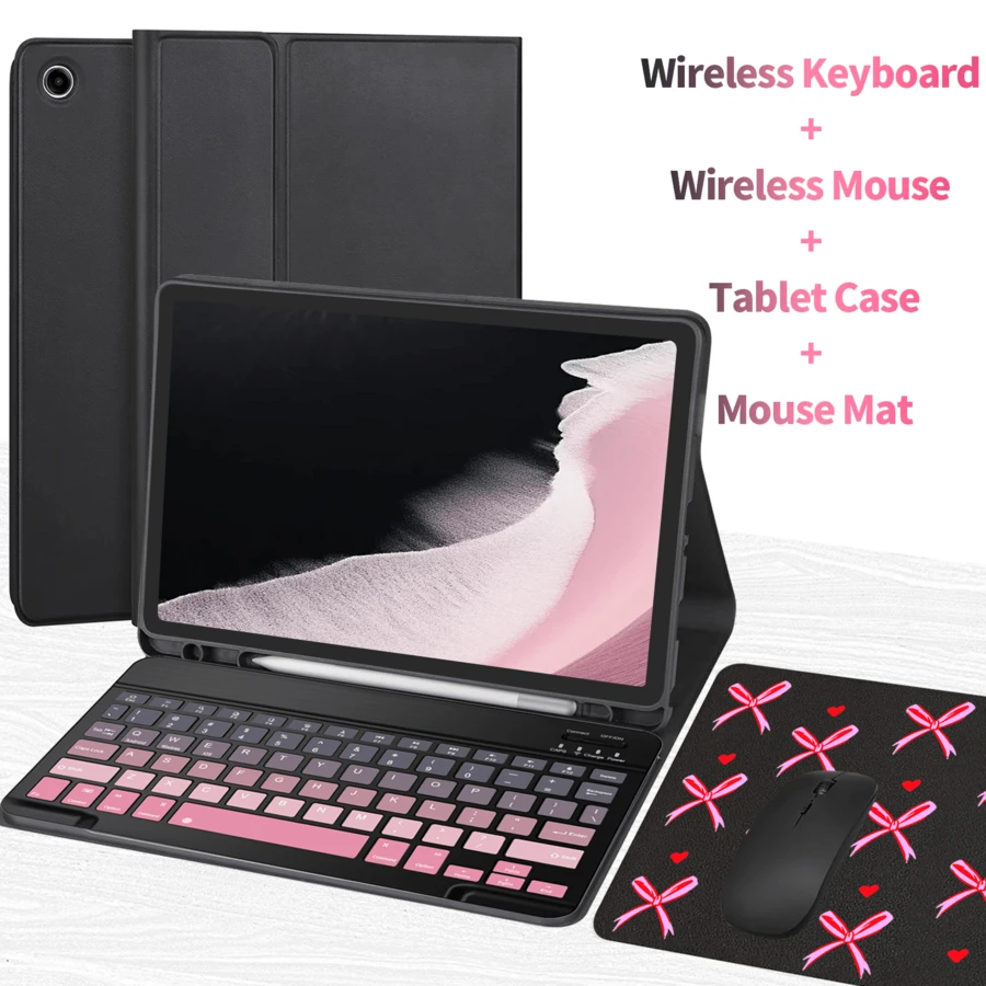 四合一键盘保护套，兼容三星 Galaxy Tab 和 iPad、Redm iPad SE，包含可拆卸无线蓝牙键盘（150mAh）和鼠标，平板电脑保护套带笔槽（黑色和粉色渐变） - 黑粉漸變 - 查看 1