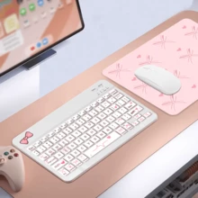 Cute Bow Bluetooth Keyboard Mouse Set, Portable Wireless Keyboard (150mAh) Mouse Set, Compatible With Samsung Tablets, Apple IPad, IOS 13 And Above Smartphones, Android Smartphones And Windows System (Bow) - White - View 3