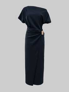 女士优雅不对称开衩金属扣修身连衣裙，蝙蝠袖，蓝色，春夏款 - 藏蓝色 - 查看 2