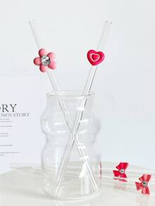 Pink Butterfly, Flower, Heart Shaped Glass Straws, Reusable Transparent Straws For Smoothie, Milk Tea, Juice, Cocktail, Cold Drinks, Party - Pink Bow Straw - View 5