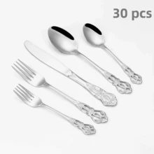 CRENOVA 30pcs Vintage Royal Silverware Set For 6, Mirror Polished Stainless Steel Flatware Set With Intricate Carved Handles, Retro Elegant Dining Utensils - Bạc - Xem 1