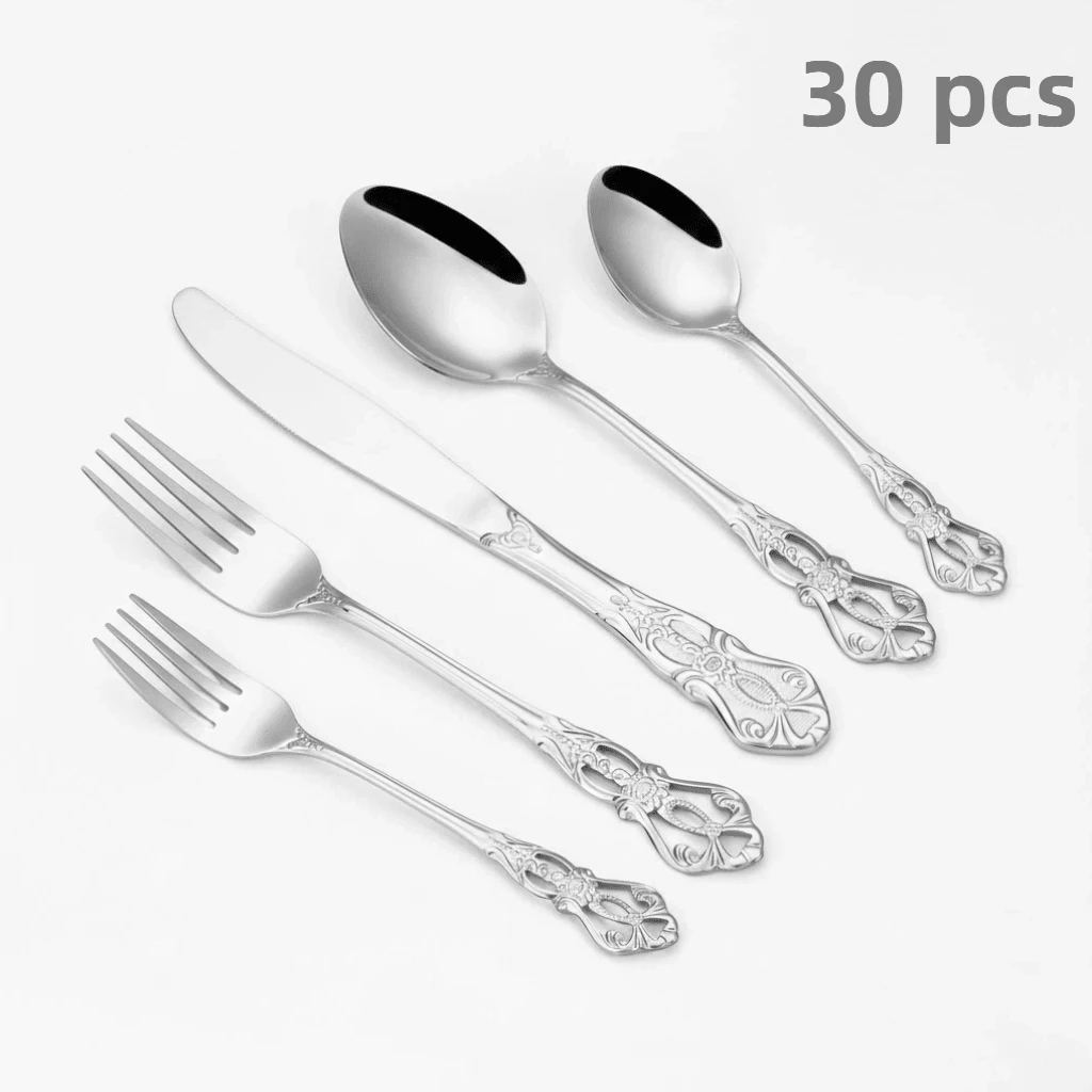 CRENOVA 30pcs Vintage Royal Silverware Set For 6, Mirror Polished Stainless Steel Flatware Set With Intricate Carved Handles, Retro Elegant Dining Utensils - Bạc - Xem 1