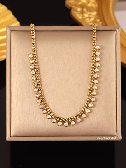 1pc Stainless Steel Shiny Rhinestone Round Tassel Pendant Necklace For Women Fashion Clavicle Chain Necklaces Jewelry Gift