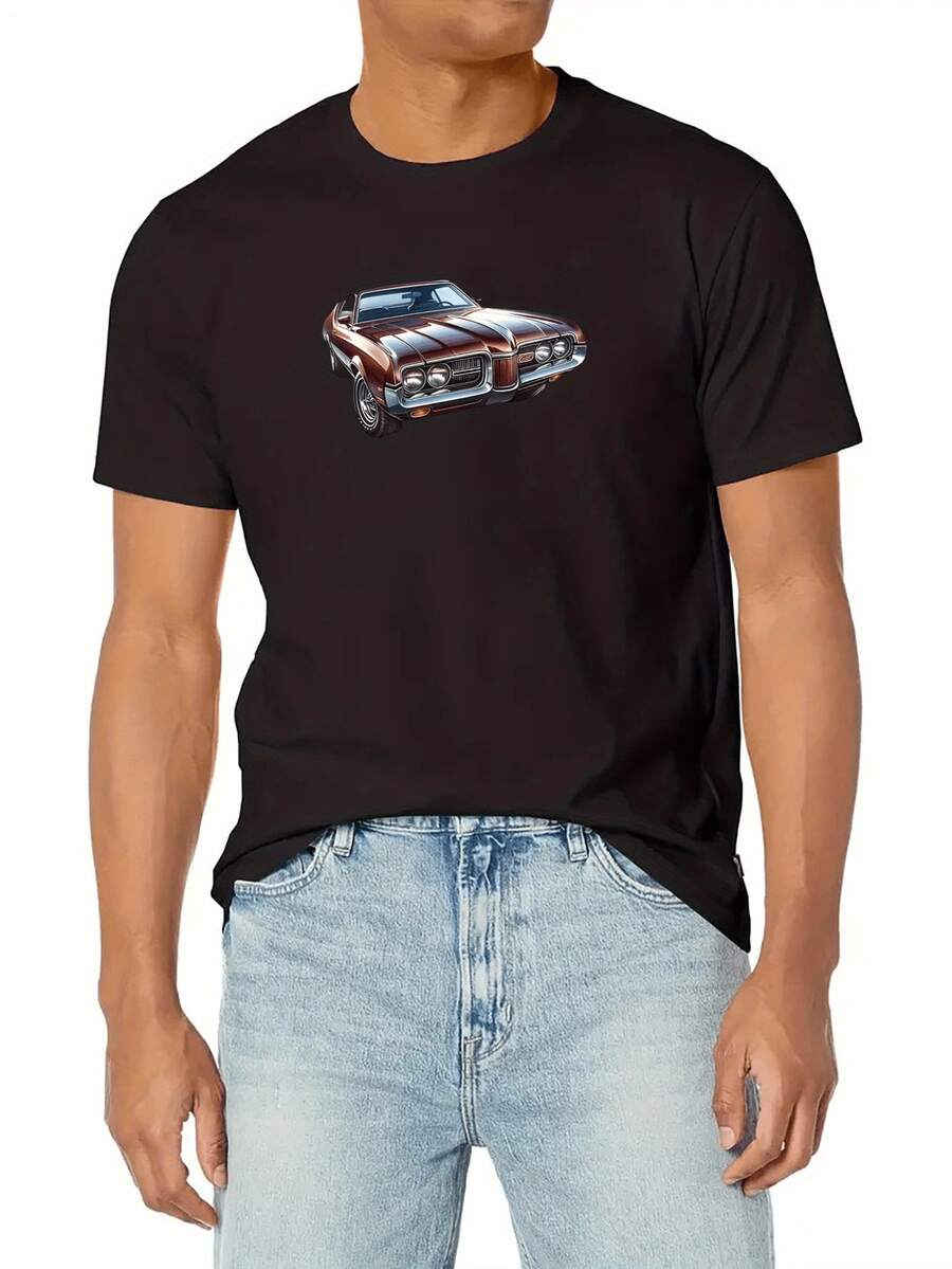 Casual Summer Shirt For Men With A Statue-Like Figure Print - Short-Sleeved. Round Neck. Cotton. Black With White Motif. Lightweight; Breathable For Casual Wear. Casual Clothing Artistically Printed Shirt Comfortable Fit - 黑色 - 查看 1