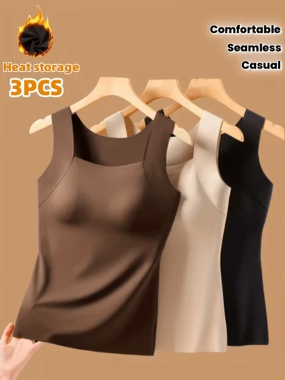 3pcs Autumn/Winter Women's Thermal Camisole Set, One-Pieced No-Slip Bra Fixed Cup Warm Vest Top with Corset Fabric