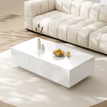 Coffee Table, High-Gloss Living Room Table With Push-Pull Storage Structure, Double-Sided Drawers - White + Particle Board - View 4