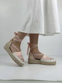 Giày Soraia, Giày đế xuồng cao gót bằng sợi đay dành cho nữ - Sandal quai ngang phong cách Boho với dây ruy băng đan chéo và thiết kế vạt trước chuyển màu, Giày mùa hè thoải mái và thời trang cho kỳ nghỉ theo phong cách Bohemian. - Hồng - Xem 3