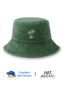 Unisex Vintage Washed Bucket Hat - Minimalist Twin Palm Tree Embroidery - Available In Multi Earth Tones - Soft Texture Packable Sun Cap For Summer Beach & Vacation - Palm Trees - View 9