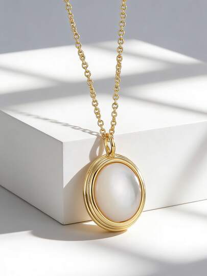 Charm-In Women's Gold-Plated Oval Cat Eye Stone Pendant Necklace, Minimalist Round Charm Pendant, Elegant Modern Design Jewelry, Suitable For Daily Commute And Work Outfit, Graceful Gift For Girlfriend Or Best Friend