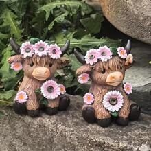 苏格兰高地牛花环雕塑，棕色苏格兰高地牛花盆雕塑，乡村风格动物牛树脂装饰品，适用于室内房间、庭院和阳台 - A - 查看 5