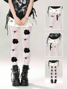 1双Y2K暗黑美学尼龙连裤袜 - 亚文化风格必备小众图案紧身裤 - 彩色 - 查看 2